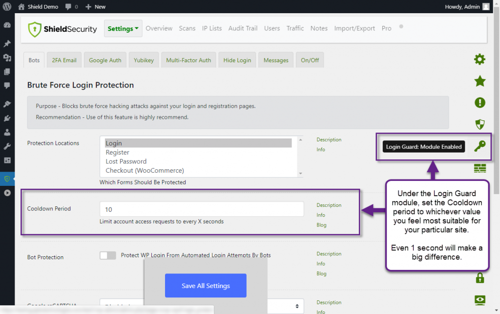 Enabling the login cooldown option, Shield Security Pro