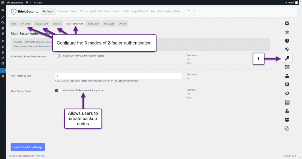 Shield Security Settings: Two Factor Authentication