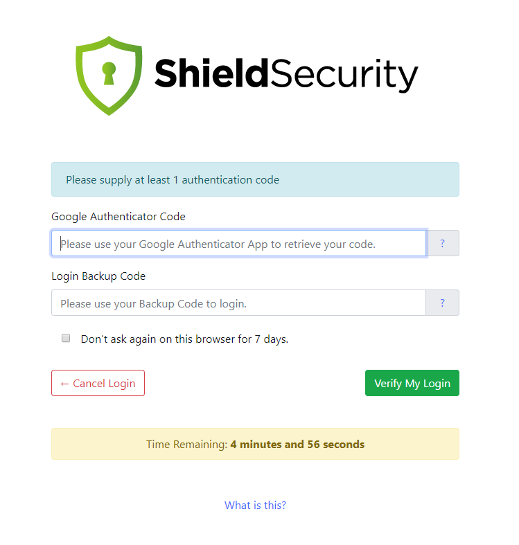 Shield Security Two-Factor Authentication Login Page